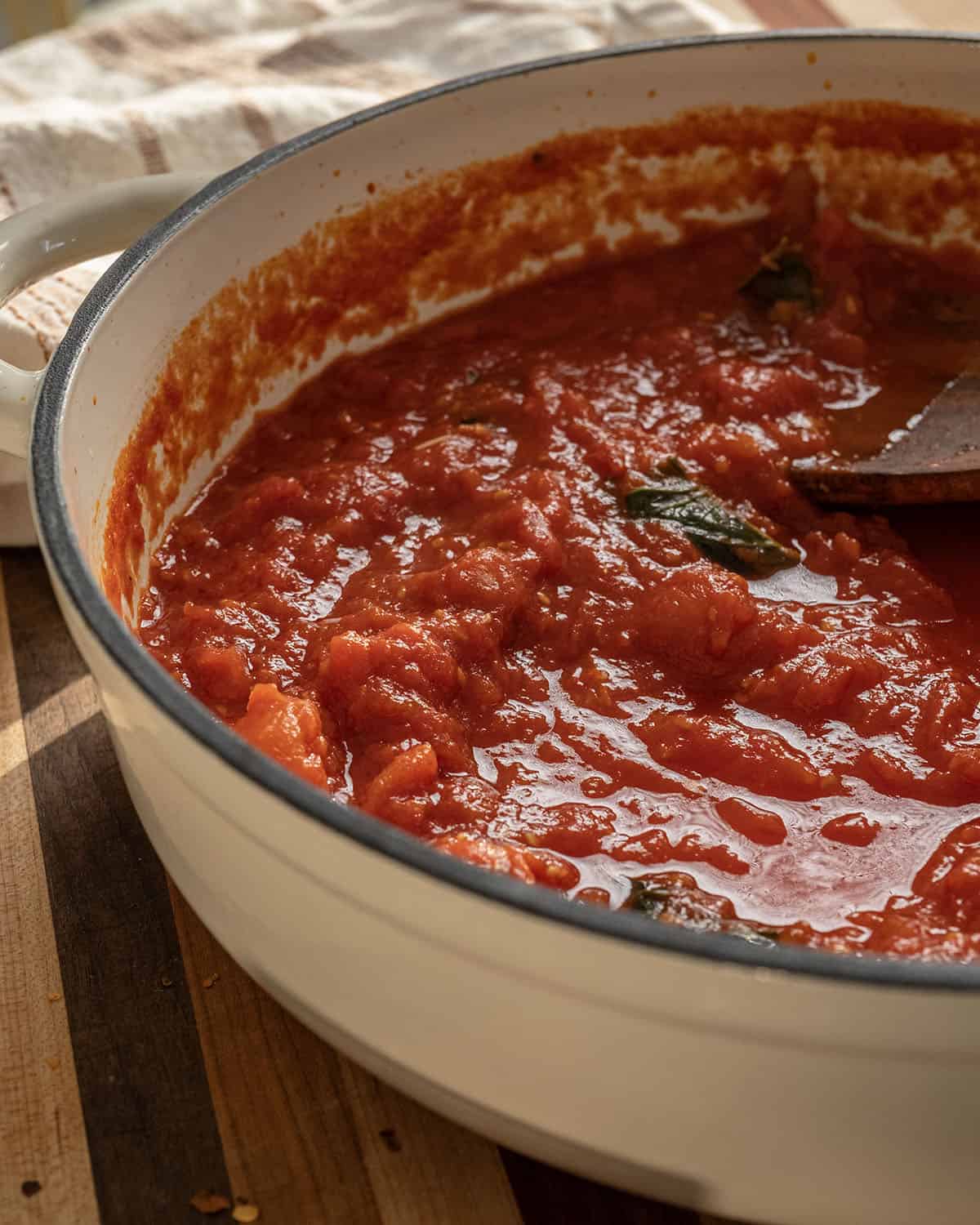 Spicy marinara sauce in a pan.