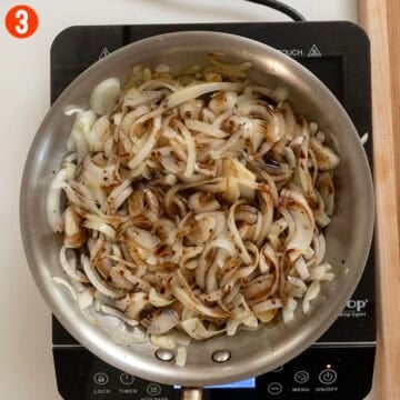 Balsamic vinegar added to the sauteed onions.