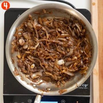 Caramelized onions in a saucepan.