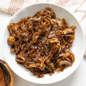 Caramelized balsamic onions in a bowl.