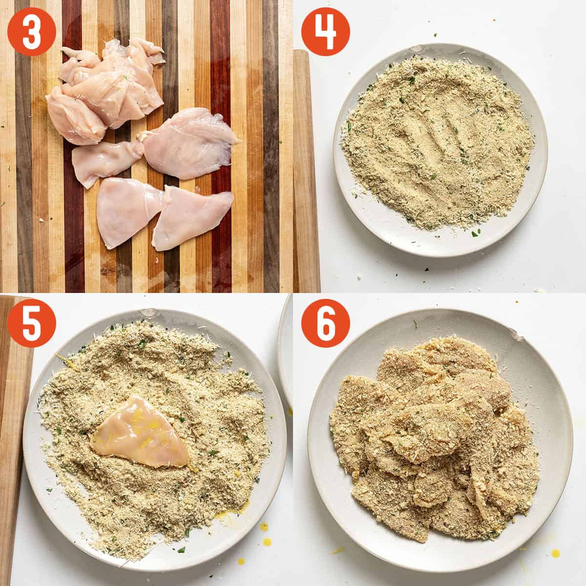 Slicing chicken breast, egging, and dredging in breadcrumbs.