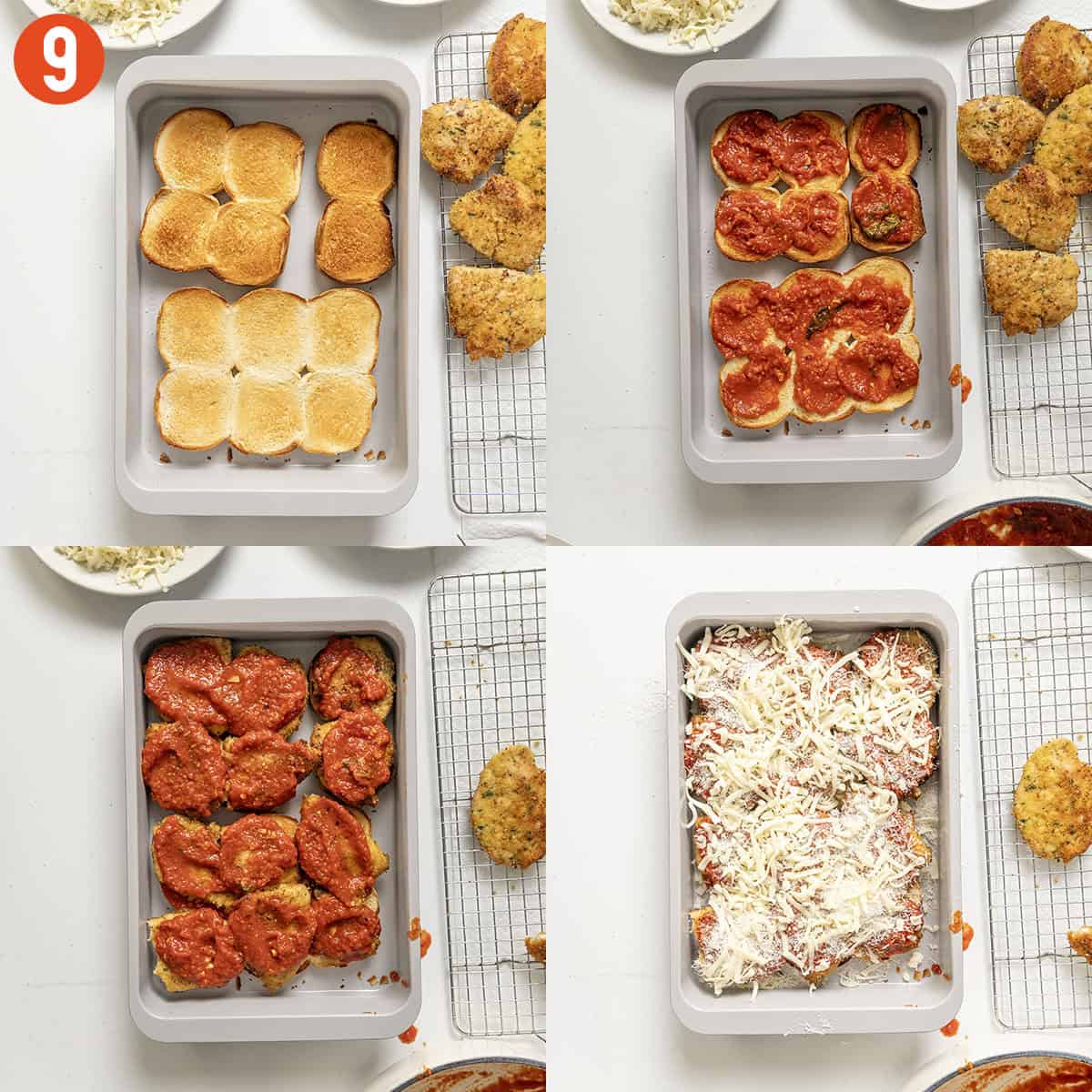 Assembling chicken parm on slider buns.