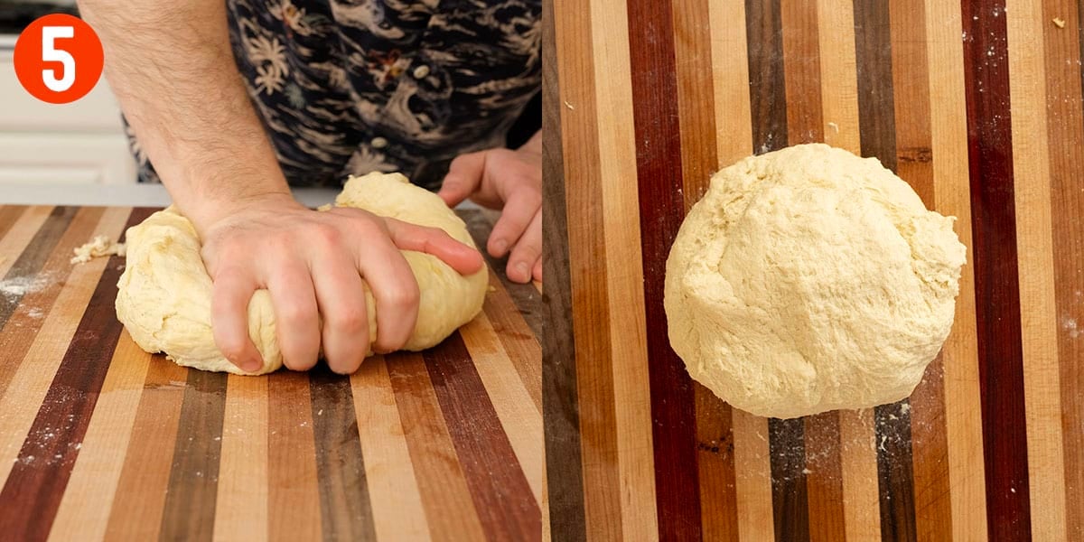 Kneading dough on a cutting board.