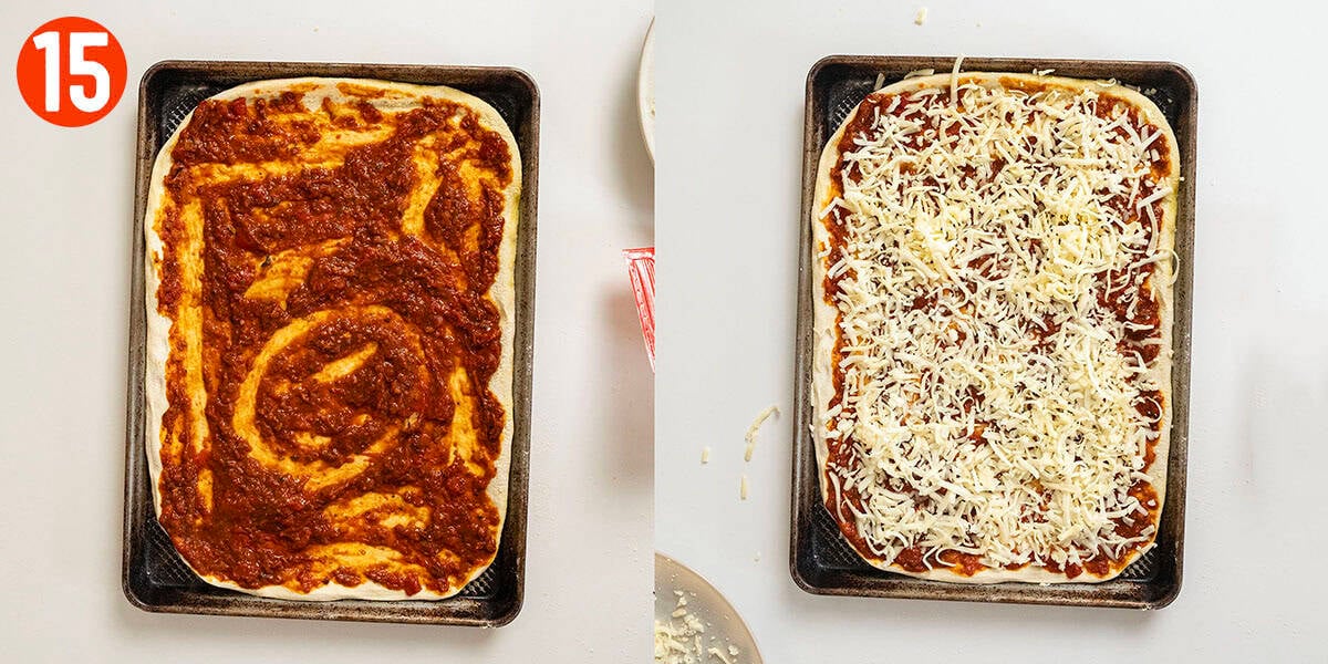 Spreading sauce and cheese on pizza.