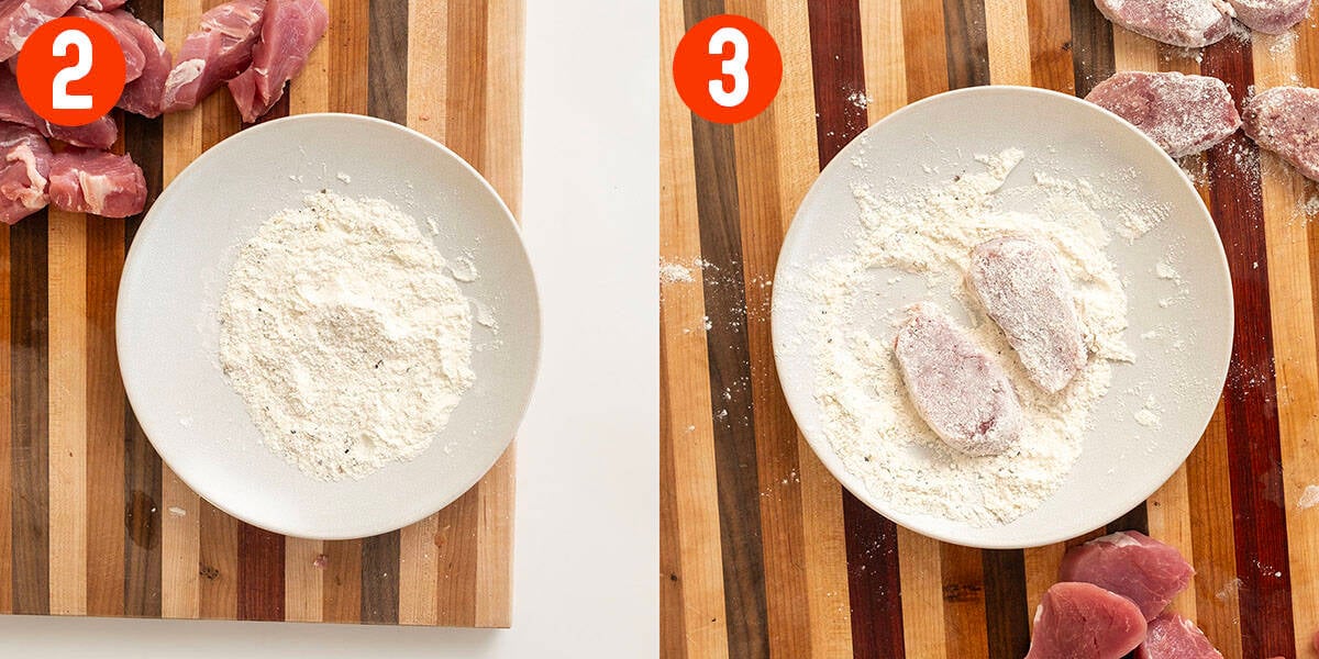 Dredging pork tenderloin medallions in flour.
