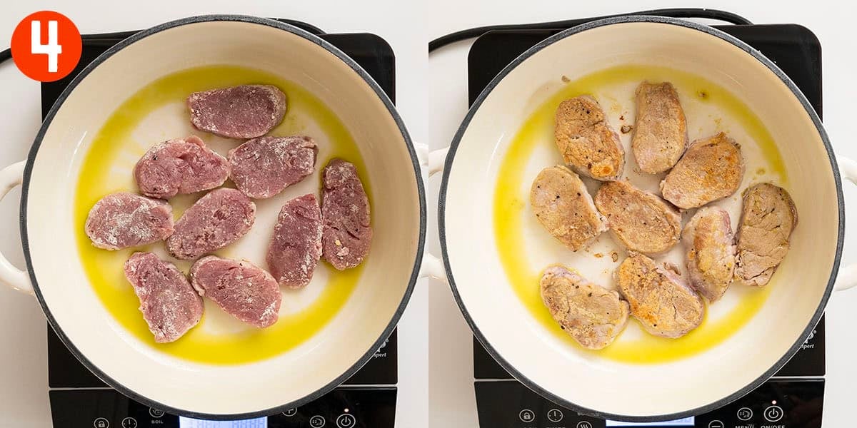 Searing pork tenderloin medallions.