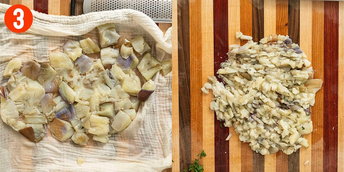 Drying and chopping boiled eggplant.