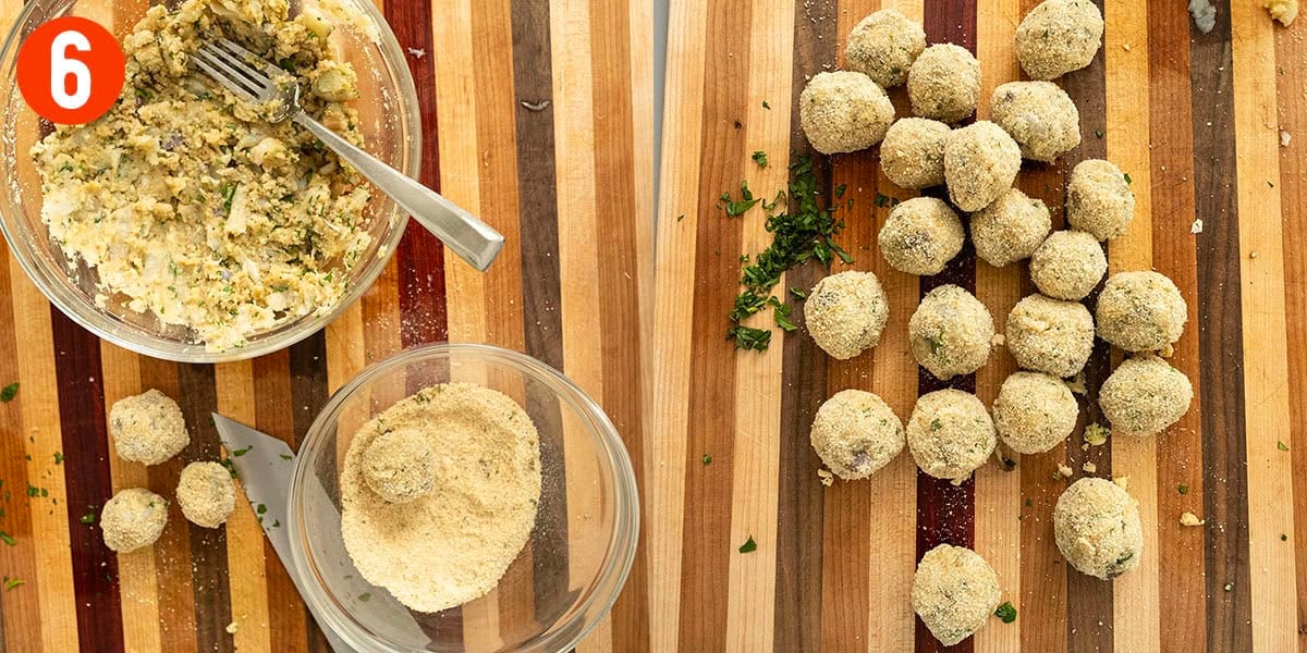 Breading eggplant meatballs on a cutting board.