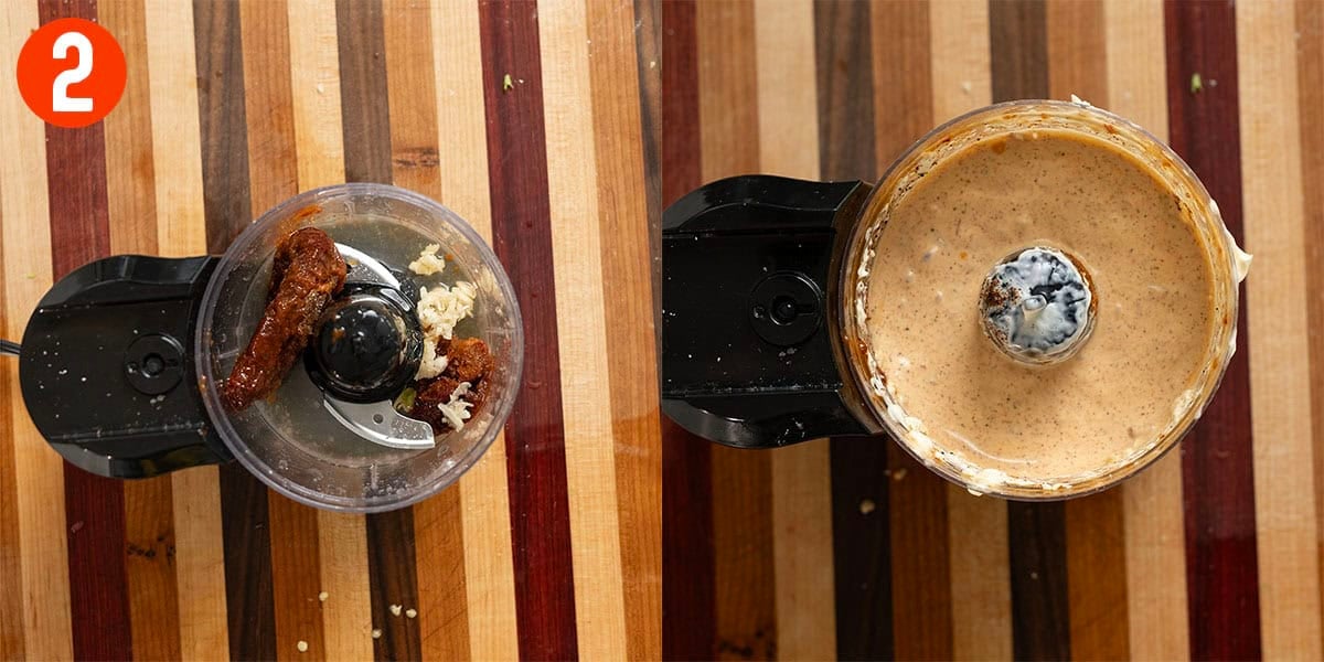 Combining ingredients for volcano sauce in a food processor.