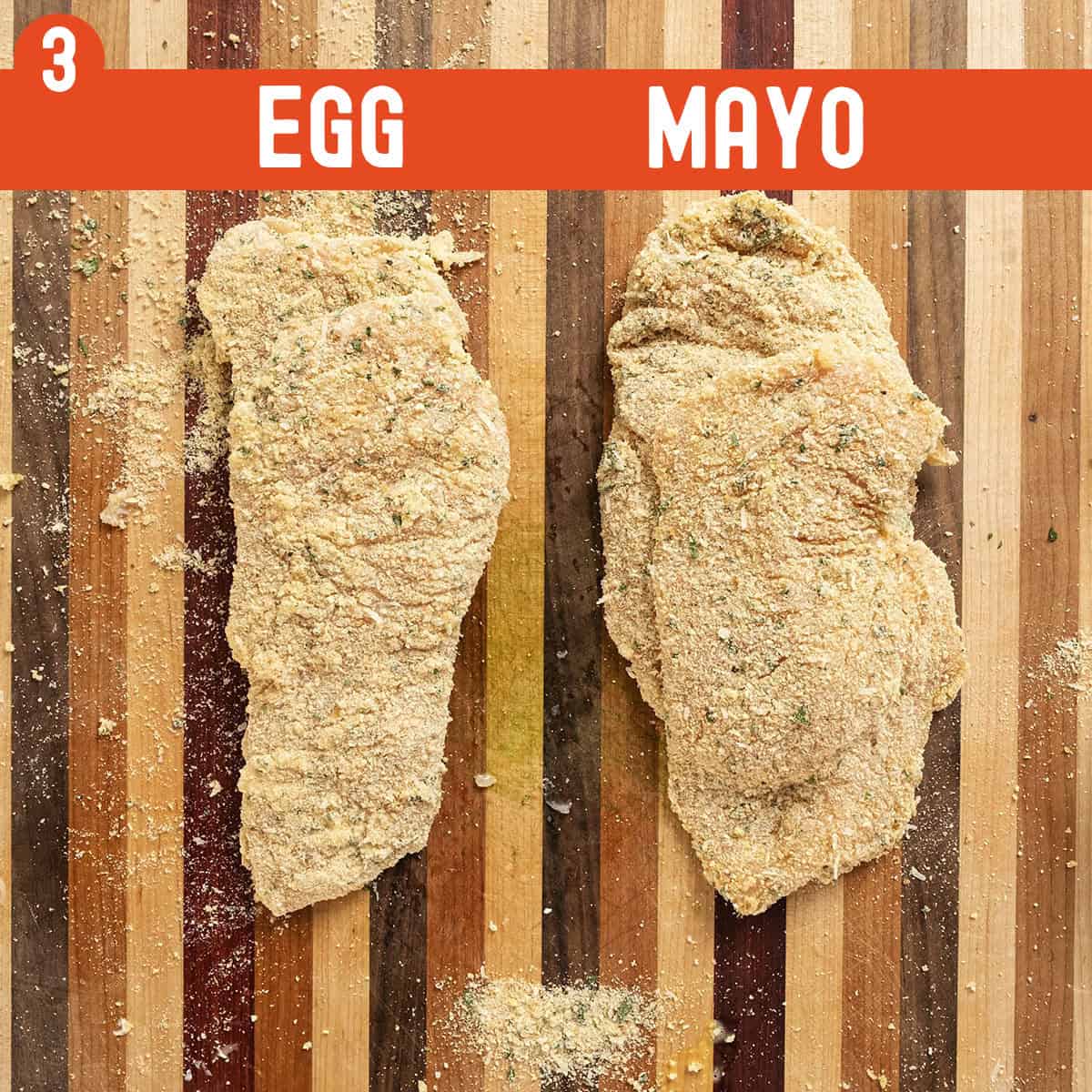 Cutlets dipped in egg and mayo then breaded.