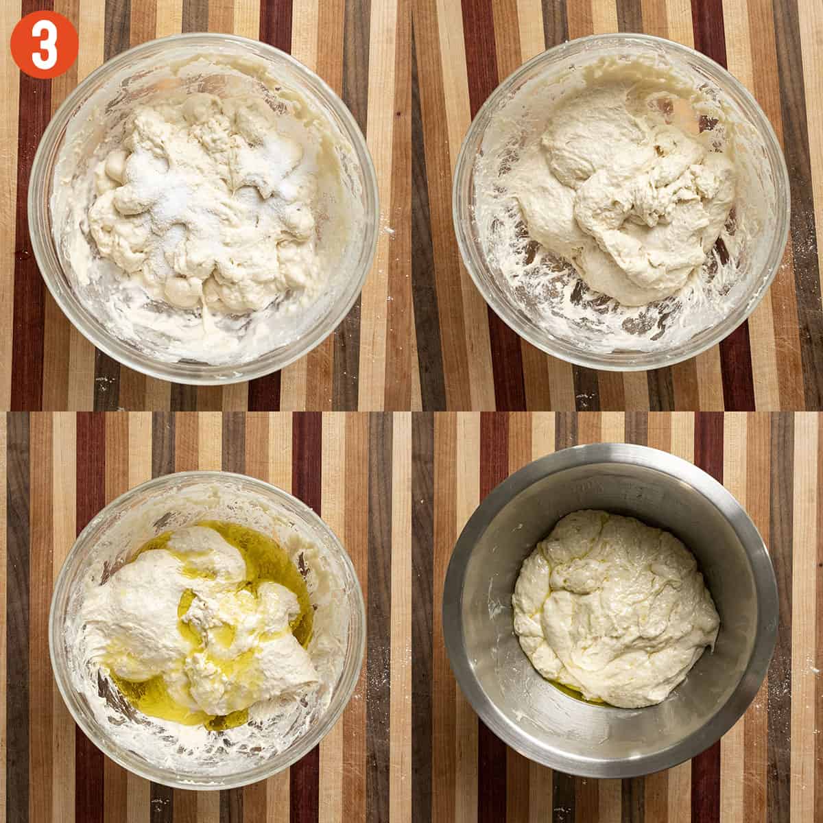 Kneading focaccia with soft in olive oil.
