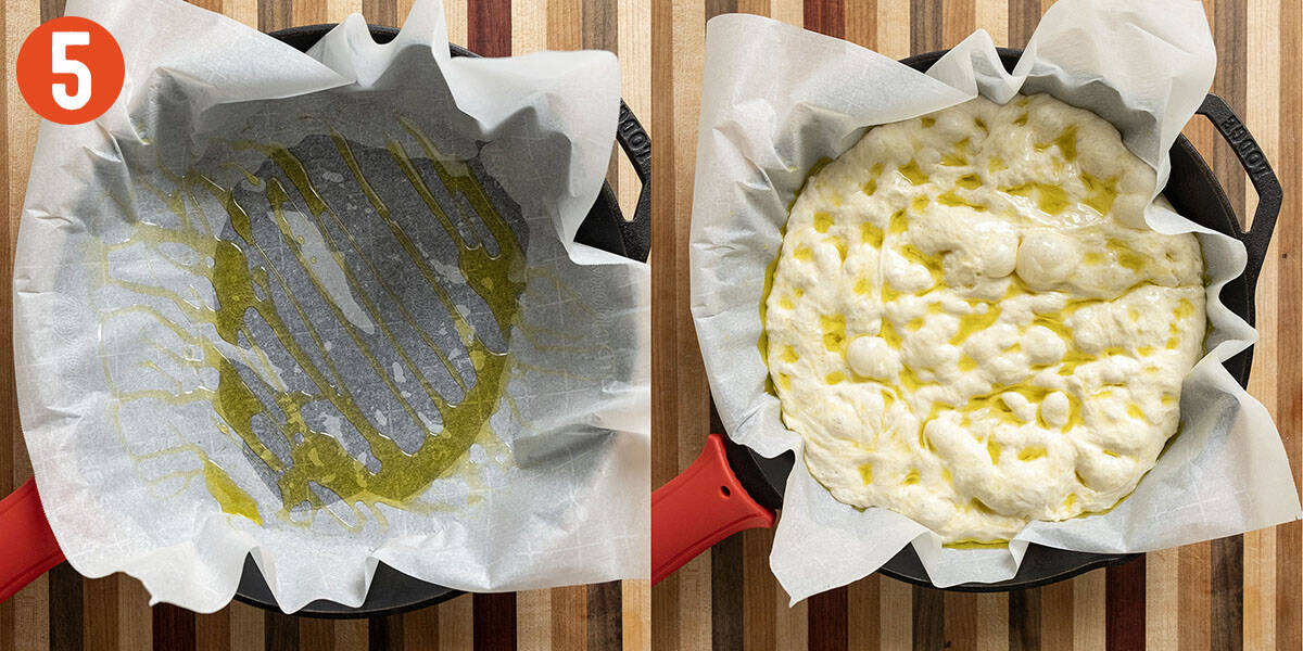 Docking focaccia in a cast iron.
