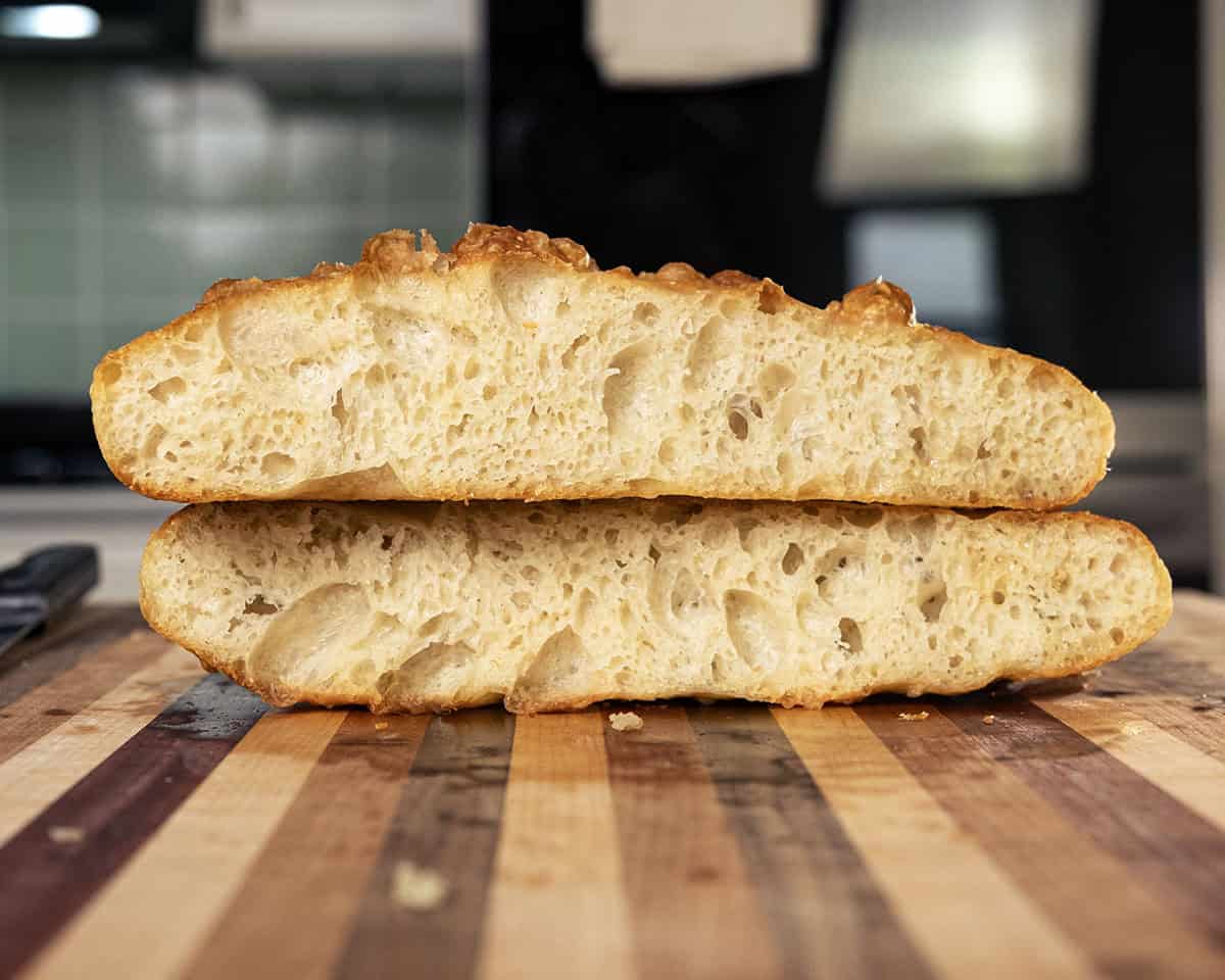 Focaccia bread cut in half.
