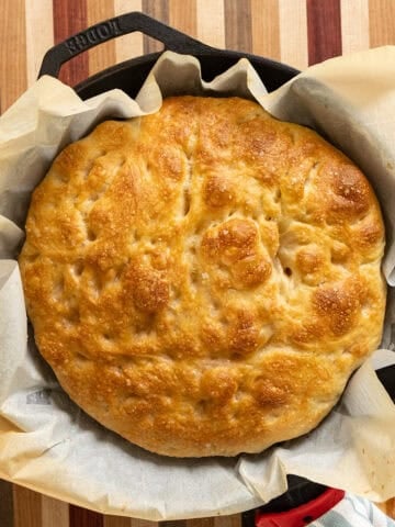 Focaccia bread in a cast iron.