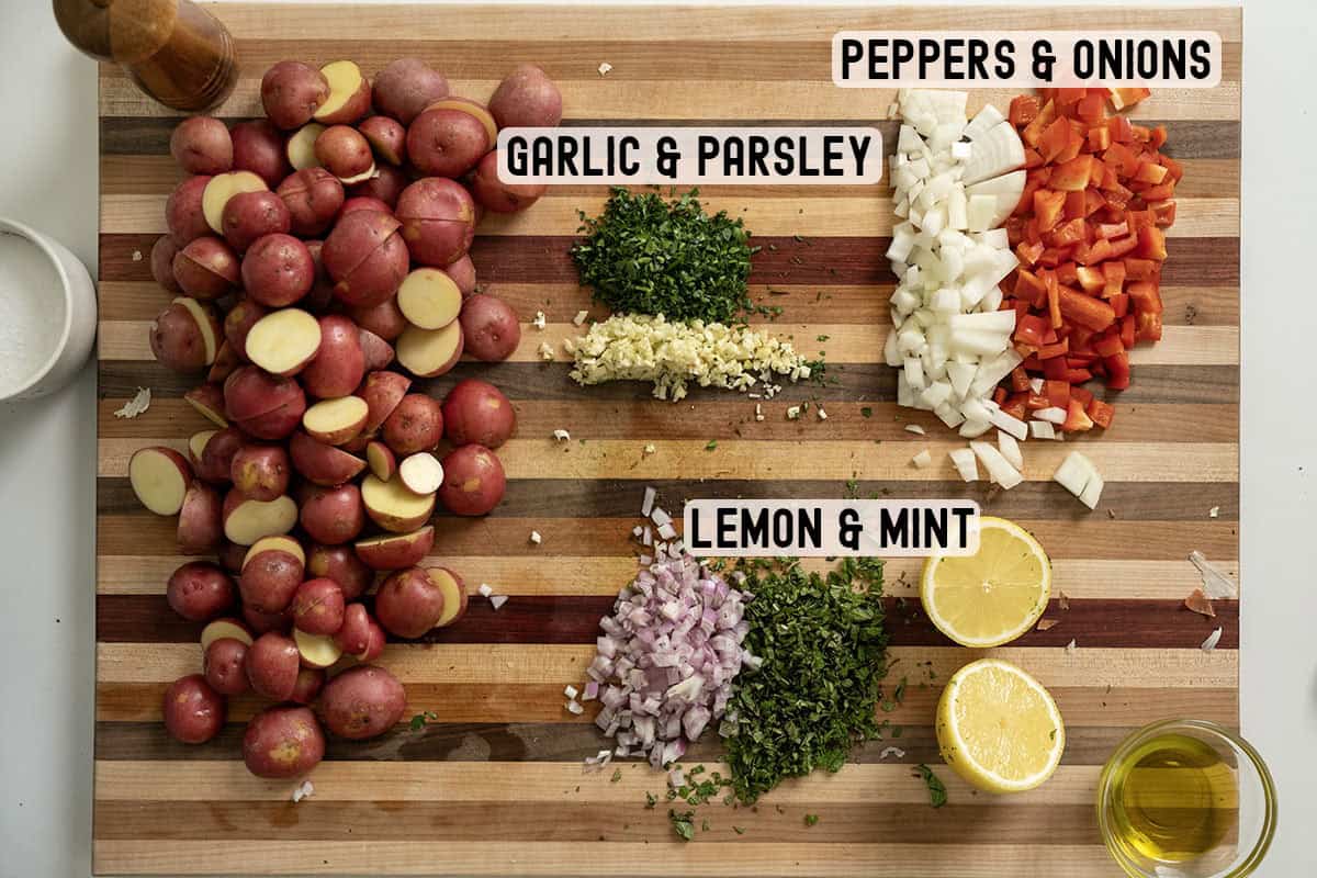 3 sets of ingredients on the cutting board.