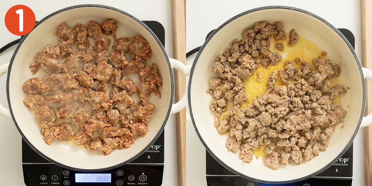 Searing sausage in a pan.
