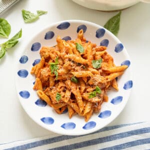 Pink sauce with penne on a plate.
