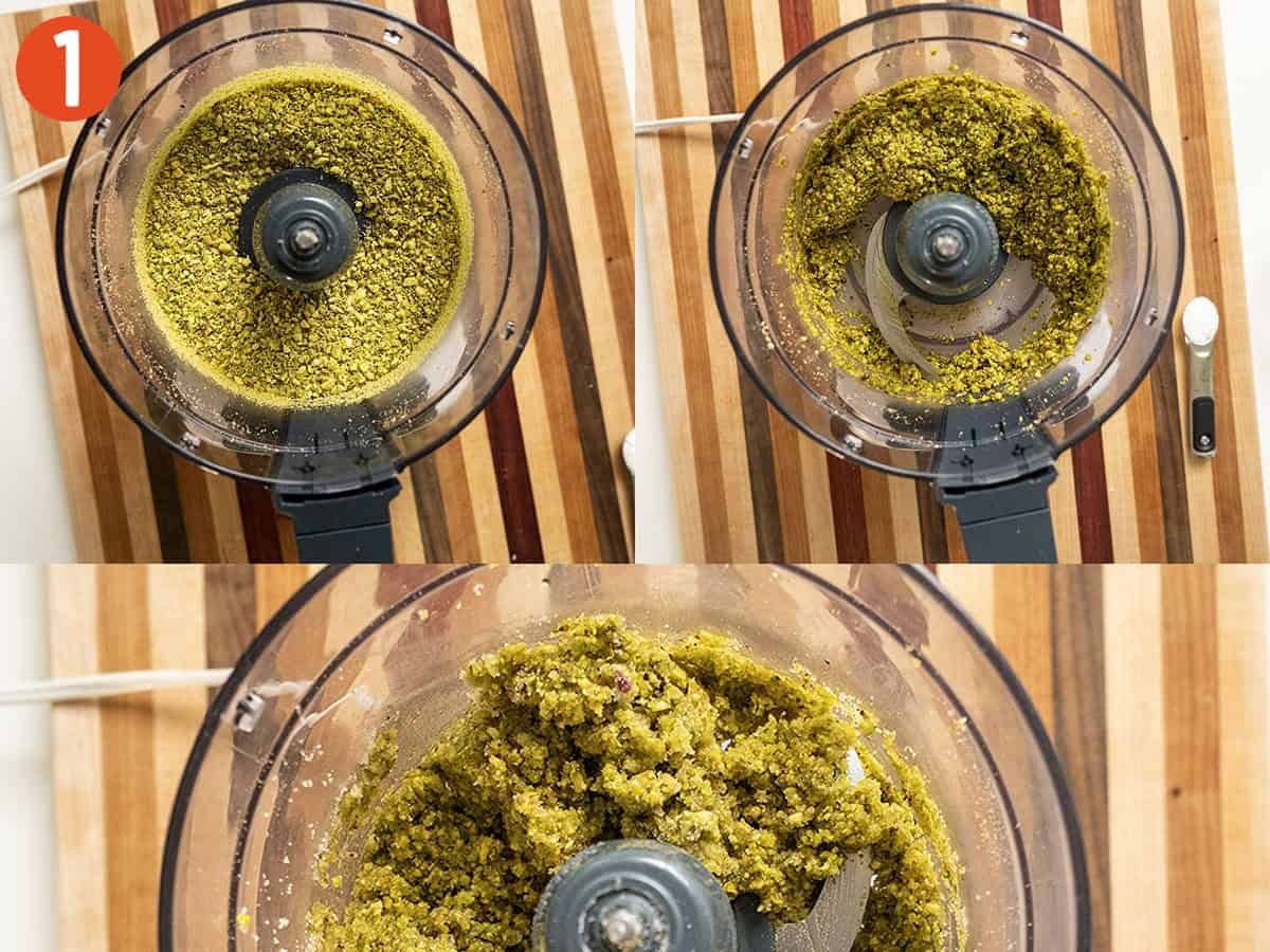 Pistachio, sugar, and simple syrup in a food processor.