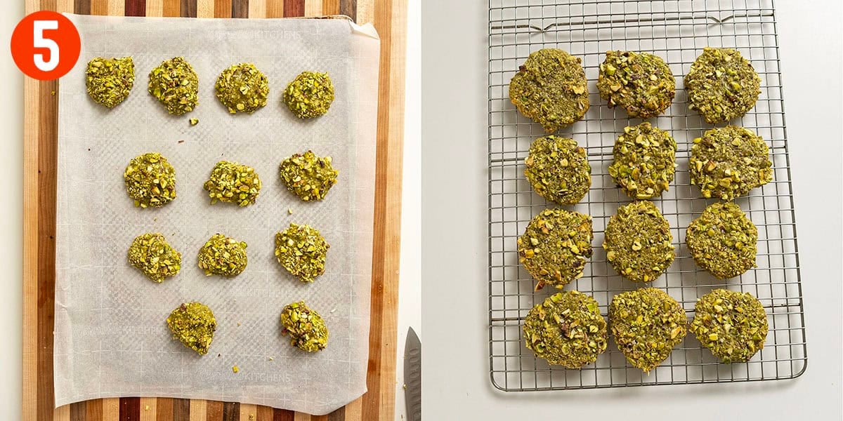 Baking and cooling pistachio cookies.