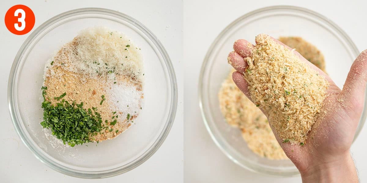 Combining breadcrumbs with parsley, parmesan, salt, pepper, and garlic powder.