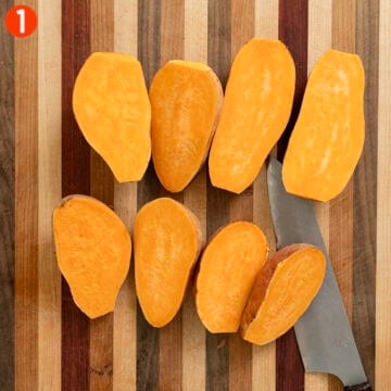 Sweet potatoes cut in half.