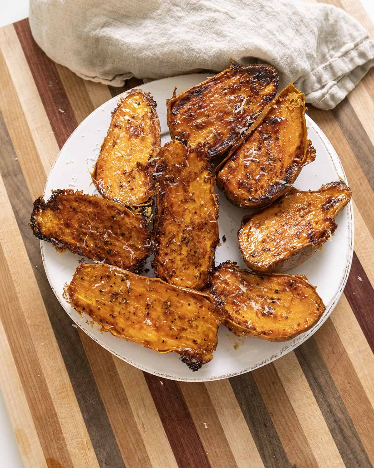 Parmesan crusted roast sweet potato halves.
