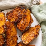 Parmesan crusted roast sweet potato halves.