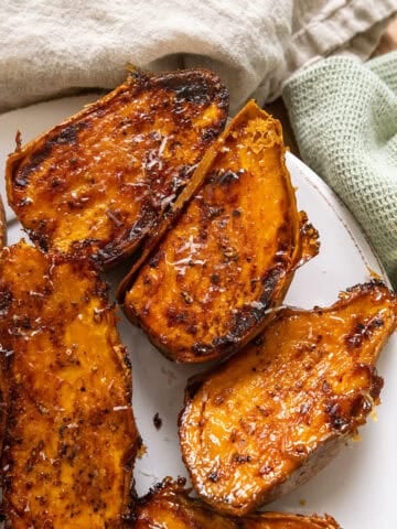 Parmesan crusted roast sweet potato halves.