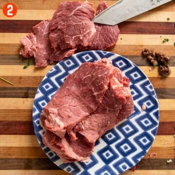 Top round sliced thinly in to cutlets.