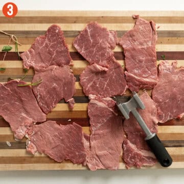 Tenderised beef top round cutlets.