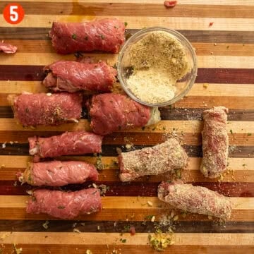 Rolled beef spiedini, brushed with olive oil and coated with breadcrumbs.
