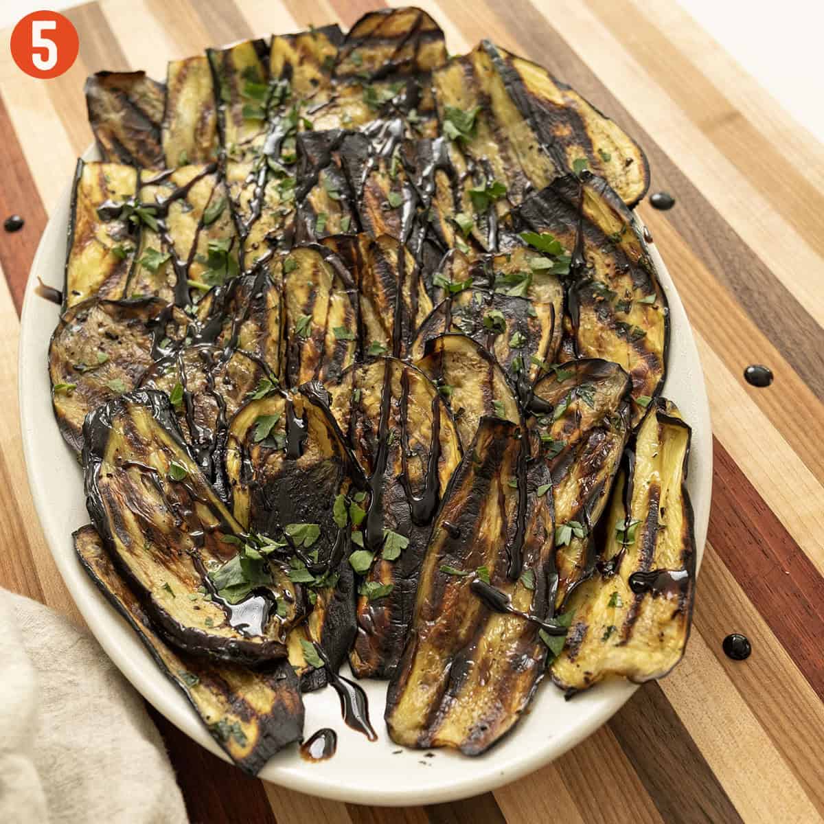 Grilled Italian eggplant drizzled with balsamic glaze.