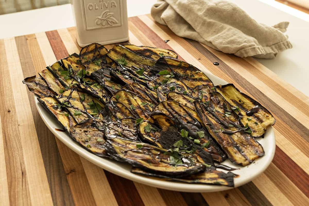 Grilled Italian eggplant drizzled with balsamic glaze.