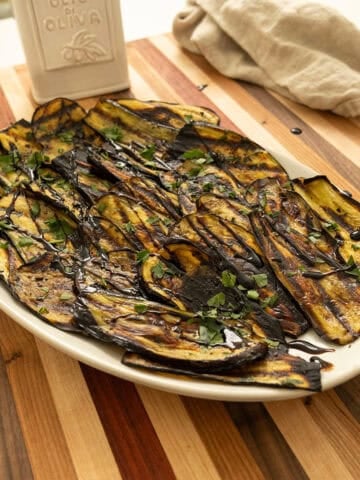 Grilled Italian eggplant drizzled with balsamic glaze.