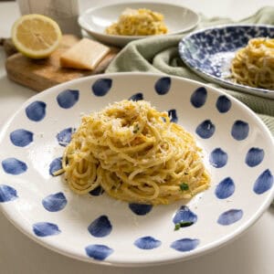Zucchini flower pasta in a bowl.
