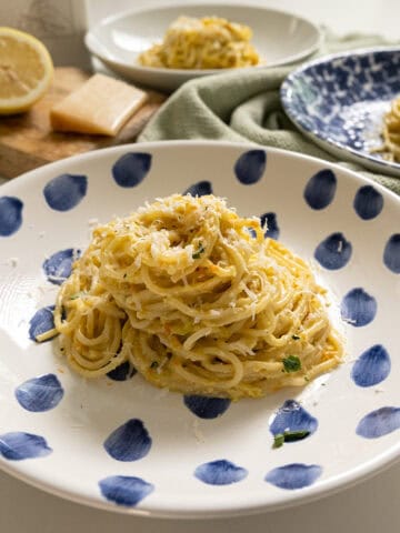 Zucchini flower pasta in a bowl.