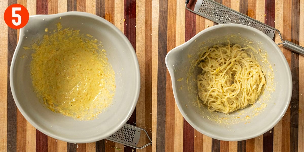 Combining pasta water and pasta with the zucchini flower sauce.