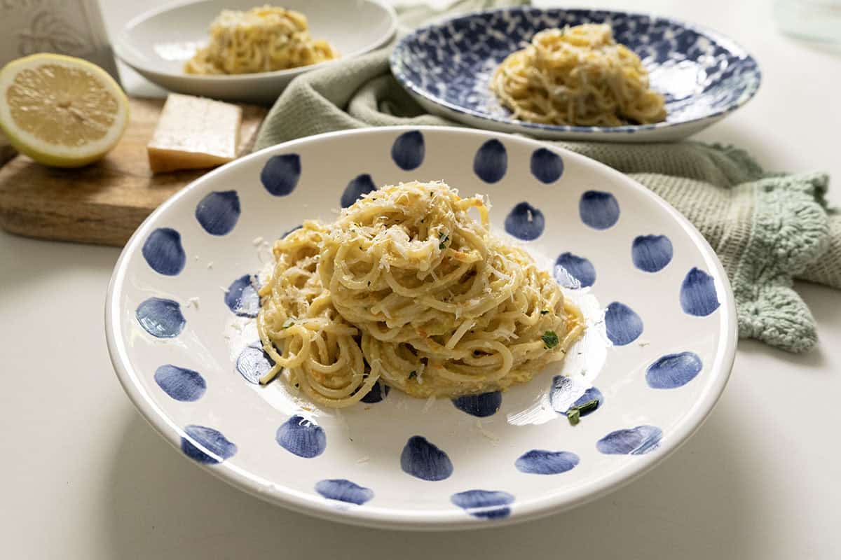 Zucchini flower pasta in a bowl.