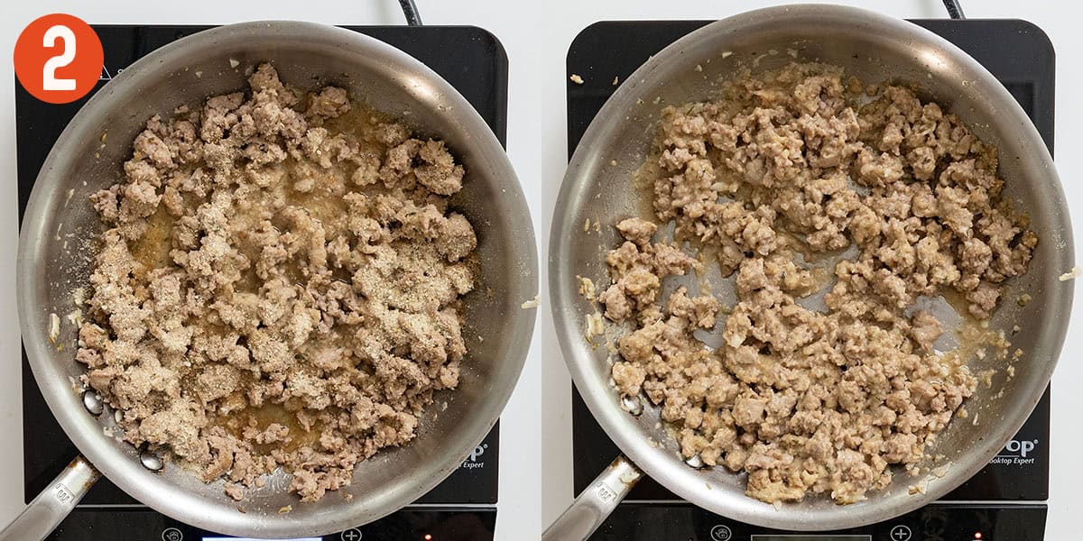 Adding breadcrumbs and stock to the pan with sausage to make a creamy paste.