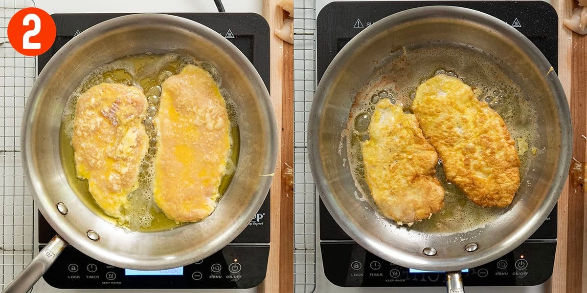 Frying battered in chicken breast in olive oil.
