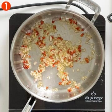 Sauteing shallots and red pepper.
