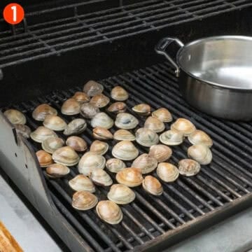 Clams spread out on the grill.
