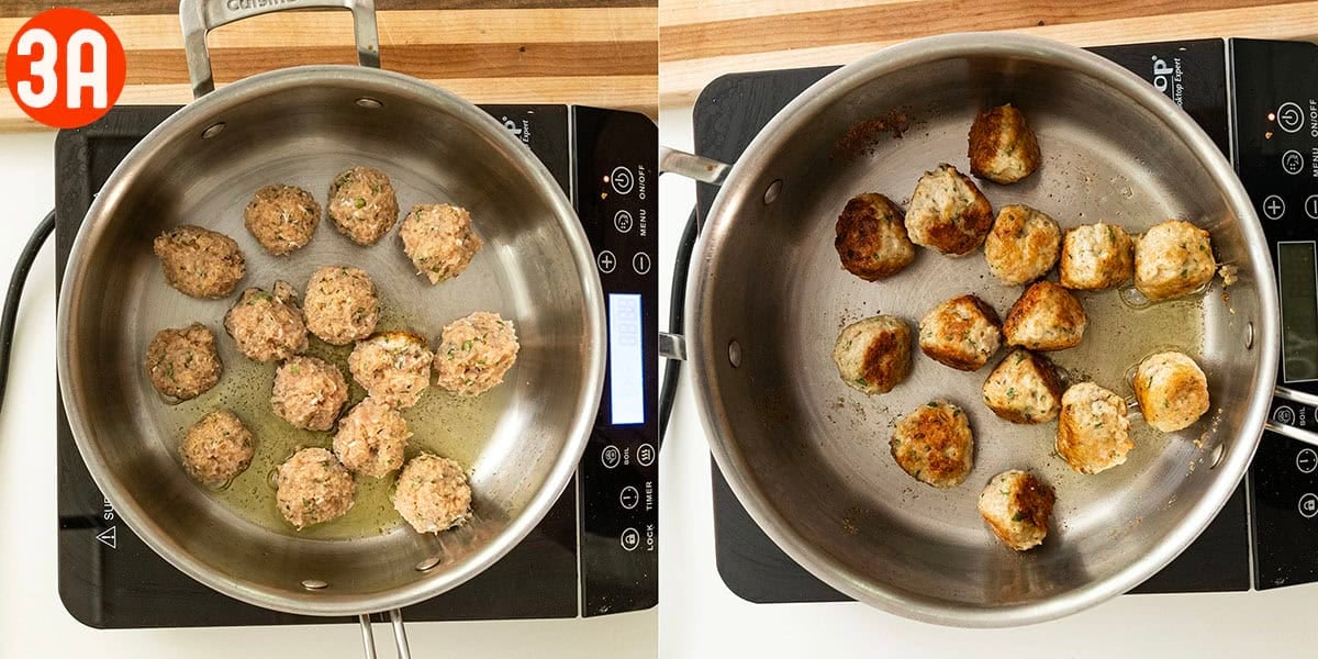 Frying chicken meatballs.