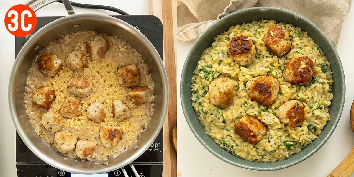 Finishing meatballs in orzo.