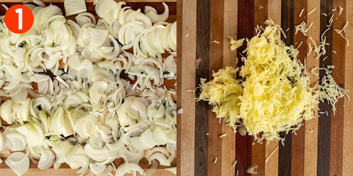 Preparing onions and potatoes for the soup.