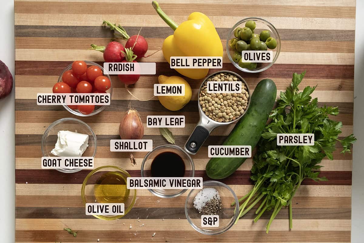 Ingredients for a cold lentil salad.