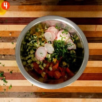 Combining vegetables and lentils.