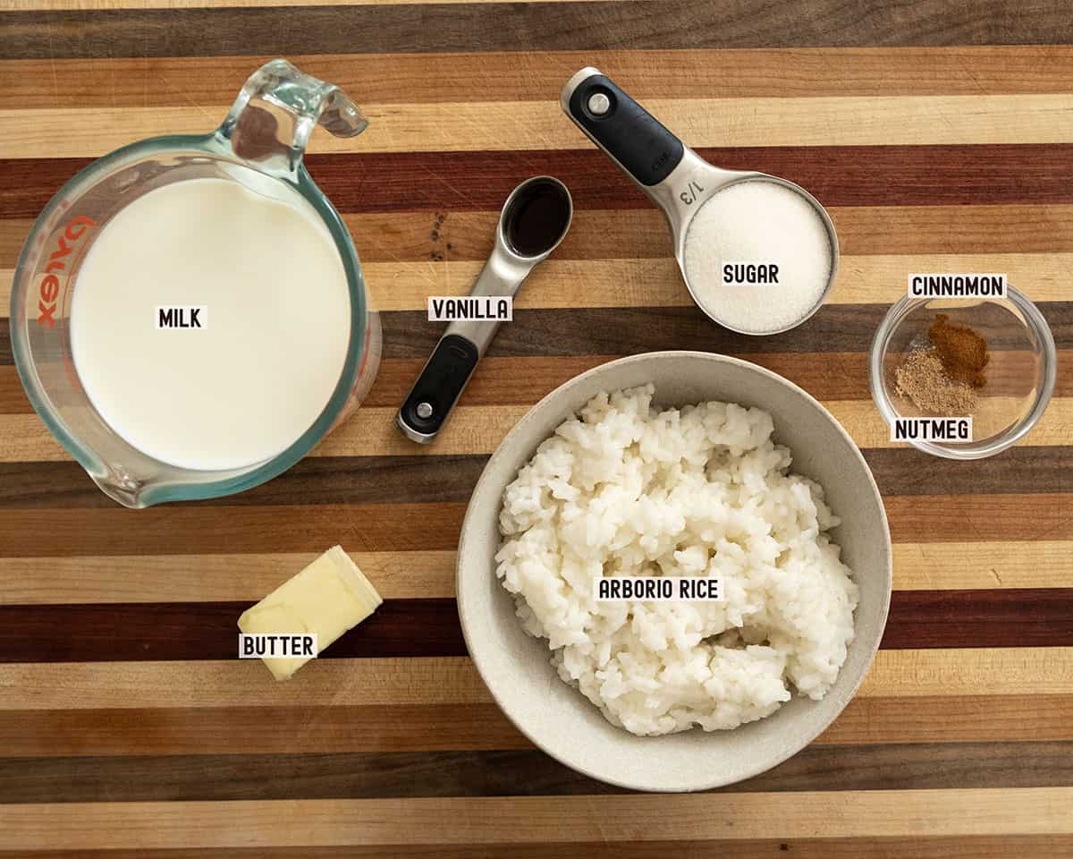 Ingredients for Italian rice pudding.