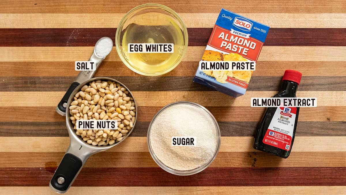 Ingredients for pignoli cookie recipe.