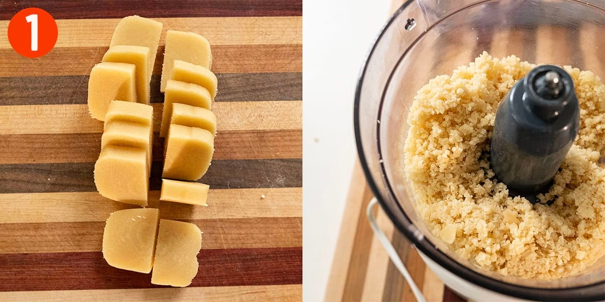 Chopped almond paste ground in a food processor.